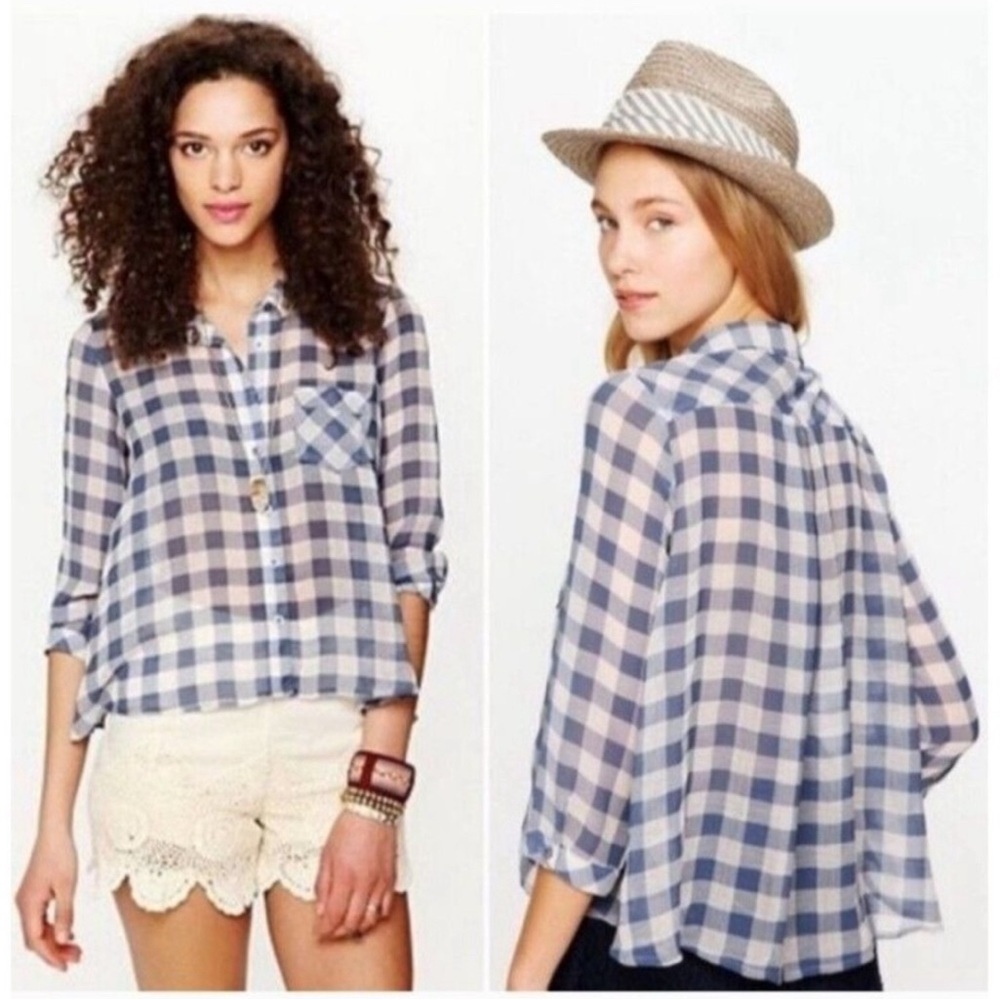 FREE PEOPLE Semi Sheer Gingham Blouse Button Up Top Blue White High Low Hem Sz S